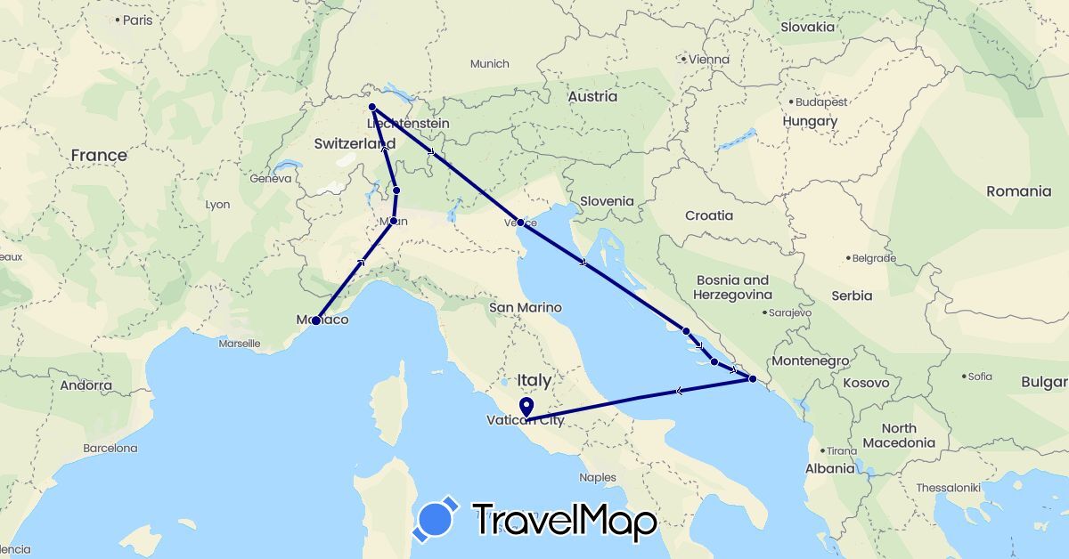 TravelMap itinerary: driving in Switzerland, France, Croatia, Italy (Europe)